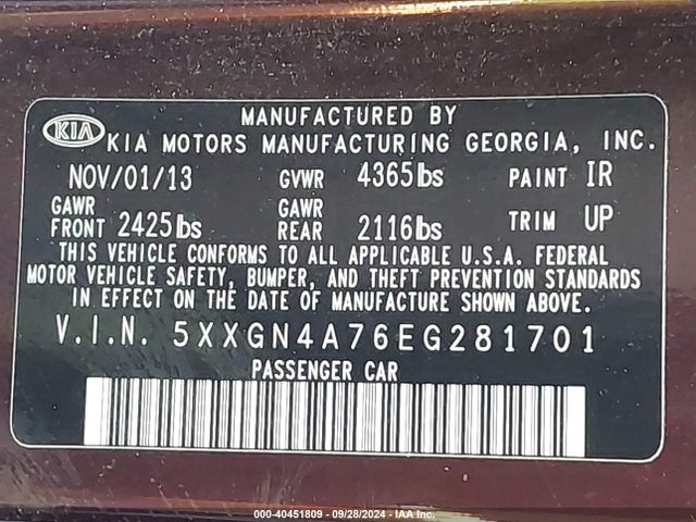 KIA OPTIMA EX 2014 5XXGN4A76EG281701 Image 9