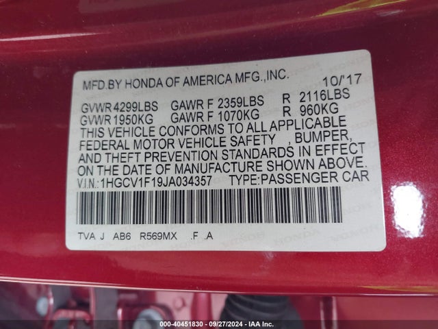 Honda ACCORD LX 2018 1HGCV1F19JA034357 Image 9