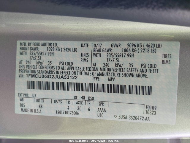 Ford ESCAPE SE 2018 1FMCU0GD2JUA53122 Image 9