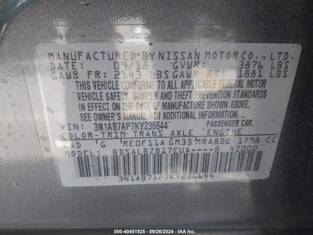 Nissan SENTRA S 2019 3N1AB7AP7KY236644 Image 9
