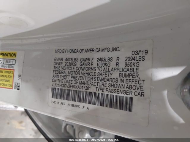 1HGCV2F97KA017201 Honda Accord Touring 2.0t