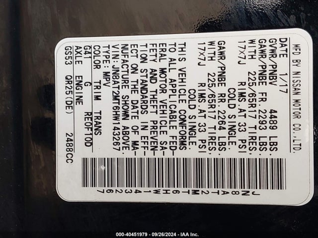 Nissan ROGUE SV 2017 JN8AT2MT6HW143267 Image 9