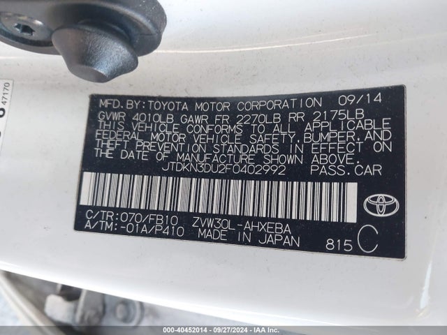 Toyota Prius Three 2015 JTDKN3DU2F0402992 Image 9