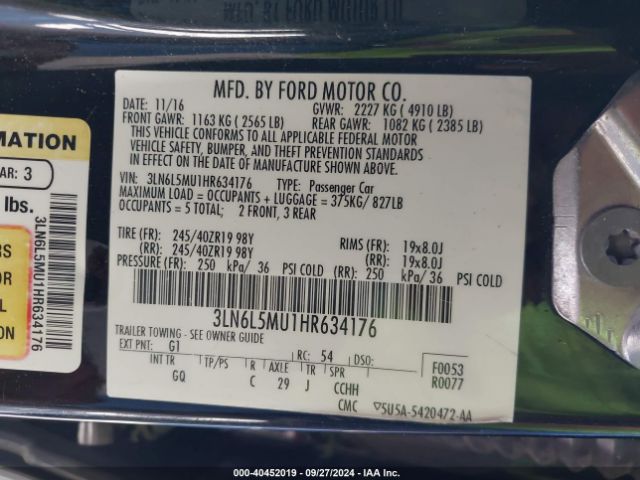 3LN6L5MU1HR634176 Lincoln Mkz Hybrid Reserve