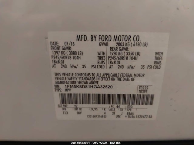 Ford EXPLORER XLT 2017 1FM5K8D81HGA32520 Image 9