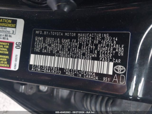 2T1BURHE1FC269365 Toyota Corolla L/le/le Pls/prm/s/s Pls