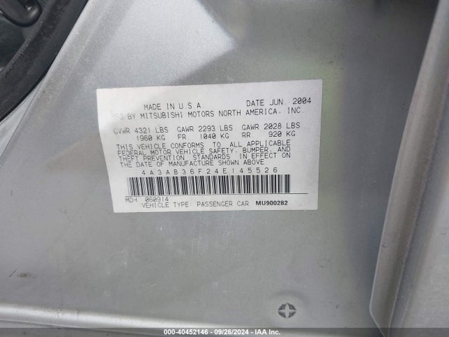 2004 MITSUBISHI GALANT 4A3AB36F24E145526 Photo 8