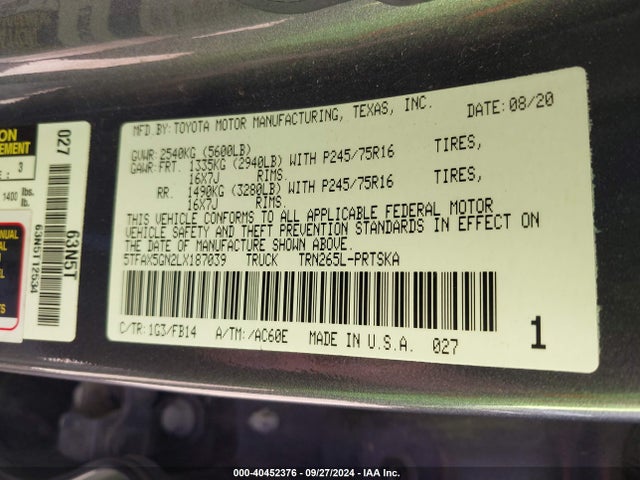 Toyota Tacoma Sr 2020 5TFAX5GN2LX187039 Image 9
