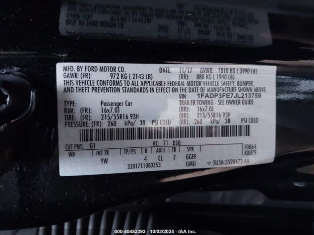 1FADP3FE7JL213759 Ford FOCUS SE