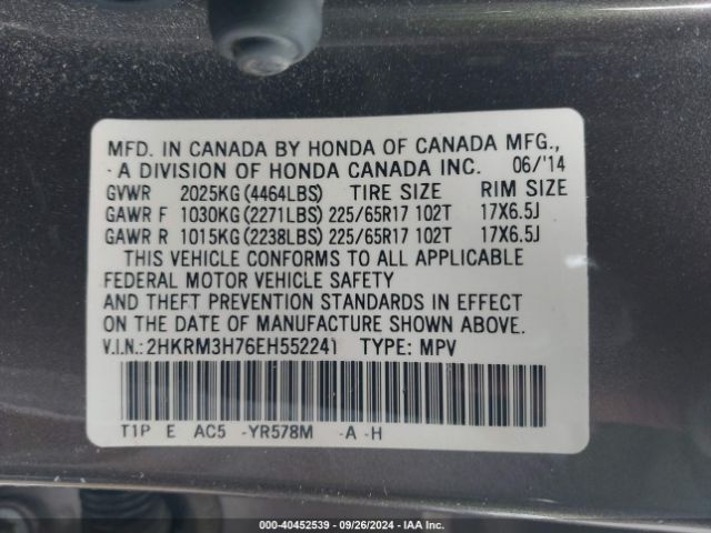 2HKRM3H76EH552241 Honda Cr-v Ex-l