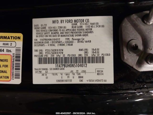 1FATP8UH0N5104012 Ford Mustang Ecoboost Premium
