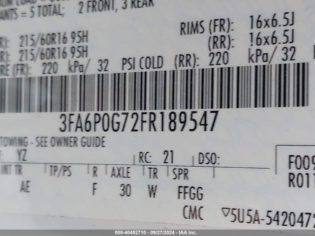 Ford FUSION S 2015 3FA6P0G72FR189547 Image 9
