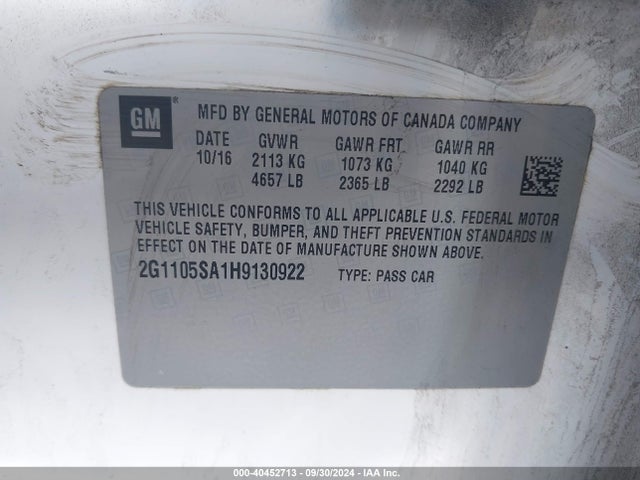 Chevrolet IMPALA 1LT 2017 2G1105SA1H9130922 Image 9