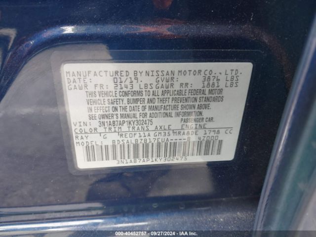 3N1AB7AP1KY302475 Nissan SENTRA S