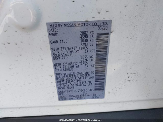 5N1AT2MT1LC795196 Nissan Rogue Sv Fwd