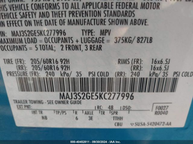 MAJ3S2GE5KC277996 Ford Ecosport Se