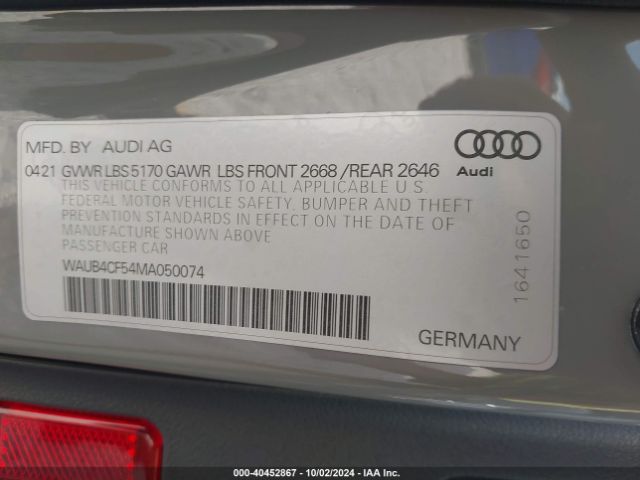 WAUB4CF54MA050074 Audi S5 Sportback Prestige Tfsi Quattro Tiptronic