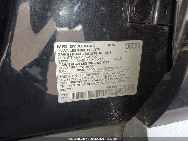 WA1BNAFY3J2136393 Audi Q5 2.0t Premium/2.0t Tech Premium