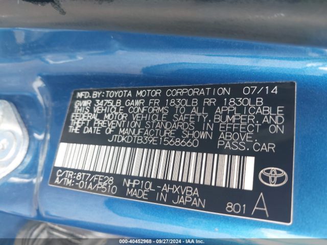 JTDKDTB39E1568660 Toyota Prius C One