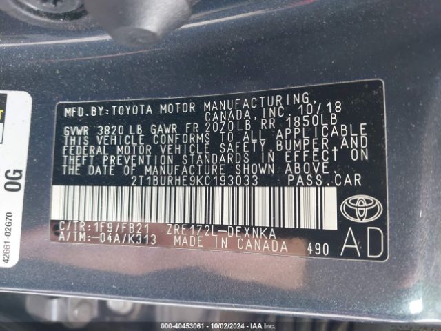 2T1BURHE9KC193033 Toyota COROLLA LE