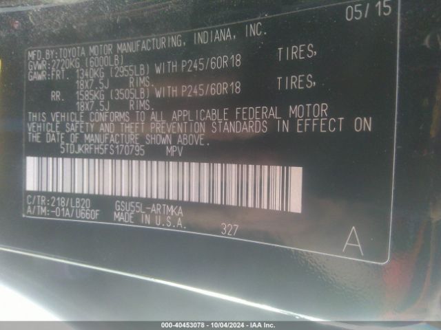 5TDJKRFH5FS170795 Toyota Highlander Xle V6