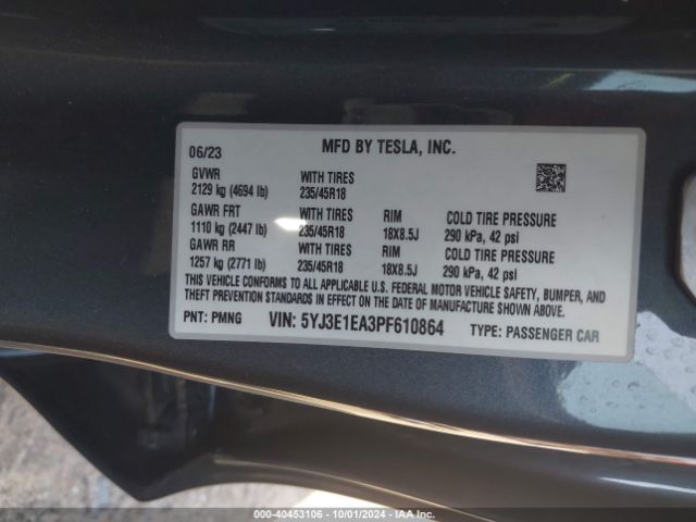 5YJ3E1EA3PF610864 Tesla Model 3 Rear-wheel Drive