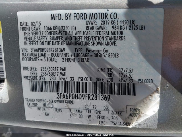 Ford FUSION SE 2015 3FA6P0HD9FR281369 Image 9