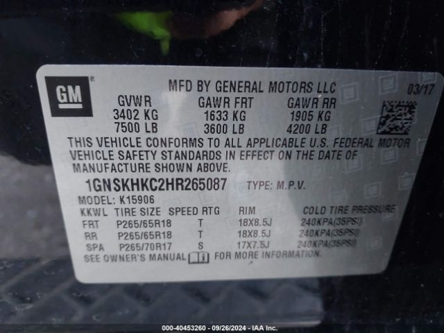 1GNSKHKC2HR265087 Chevrolet Suburban Lt