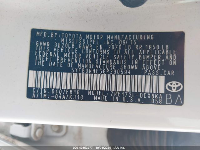 5YFBURHE5GP390594 Toyota COROLLA LE