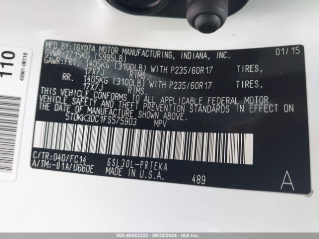 5TDKK3DC1FS575903 Toyota Sienna Le 8 Passenger