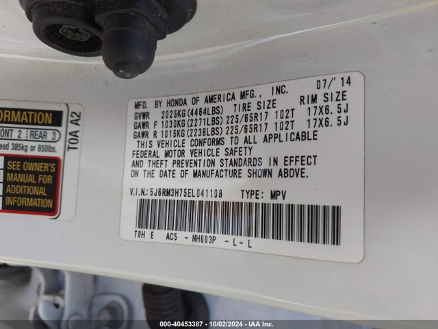 Honda Cr-v Ex-l 2014 5J6RM3H75EL041108 Image 9