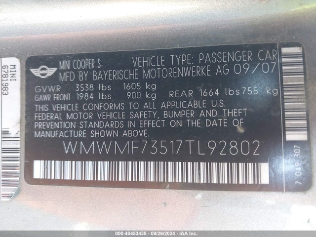 2007 MINI COOPER S WMWMF73517TL92802 Photo 8