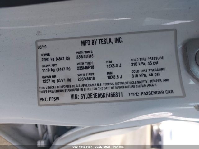 5YJ3E1EA5KF466811 Tesla Model 3 Long Range/mid Range/standard Range/standard Range Plus