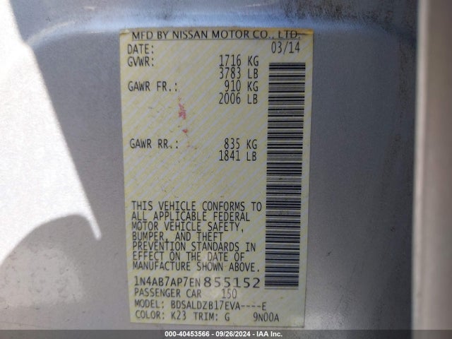 Nissan SENTRA SV 2014 1N4AB7AP7EN855152 Image 9