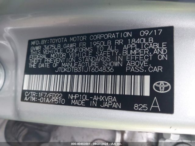 JTDKDTB31J1604836 Toyota Prius C One