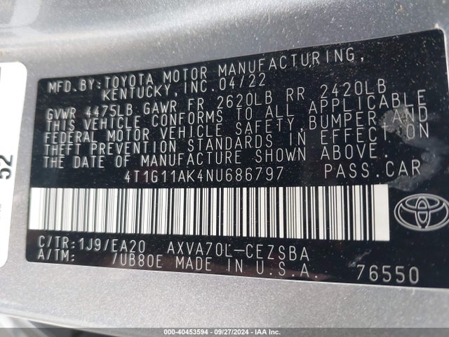 Toyota CAMRY SE 2022 4T1G11AK4NU686797 Image 9