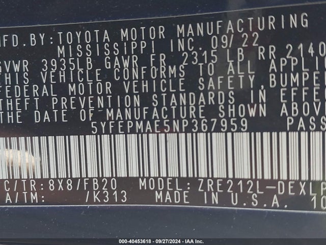 Toyota COROLLA LE 2022 5YFEPMAE5NP367959 Image 9