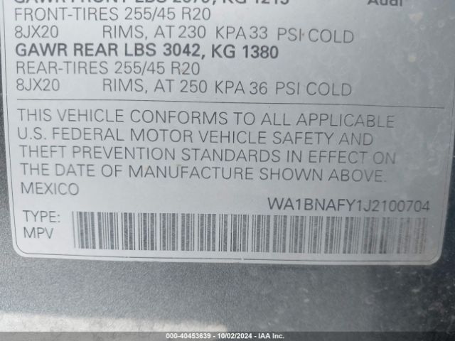 WA1BNAFY1J2100704 Audi Q5 2.0t Premium/2.0t Tech Premium