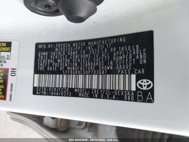 Toyota COROLLA SE 2017 5YFBURHEXHP703687 Image 9
