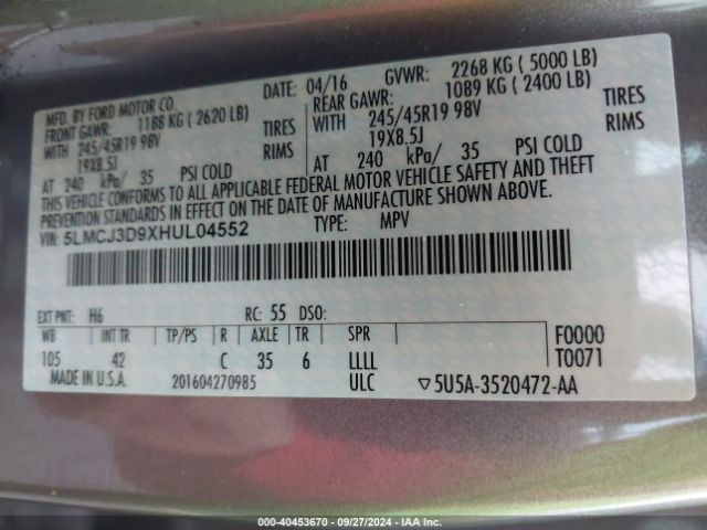 5LMCJ3D9XHUL04552 Lincoln Mkc Reserve