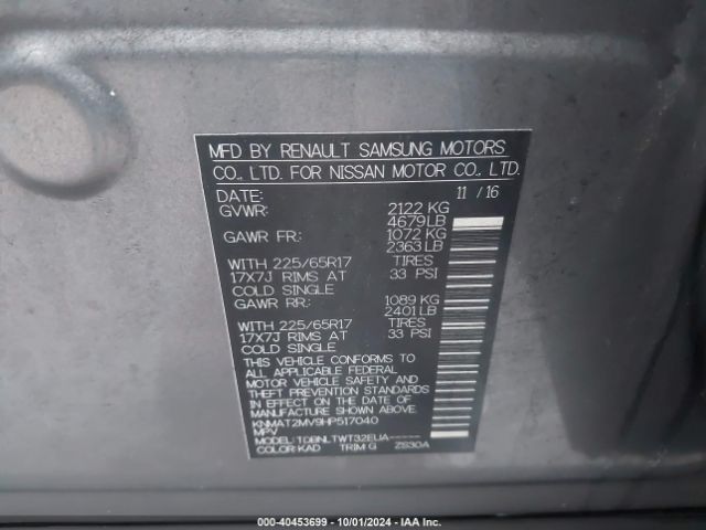 KNMAT2MV9HP517040 Nissan ROGUE SV