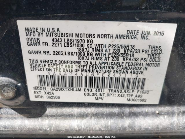 4A4AP4AU6FE042119 Mitsubishi Outlander Sport Se