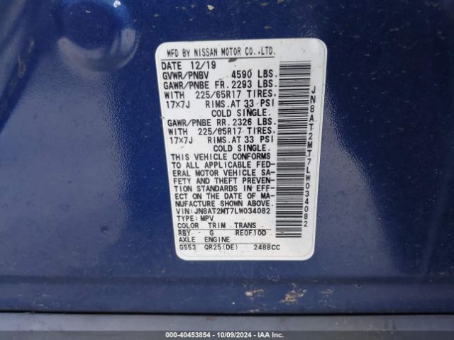 JN8AT2MT7LW034082 Nissan Rogue Sv Fwd