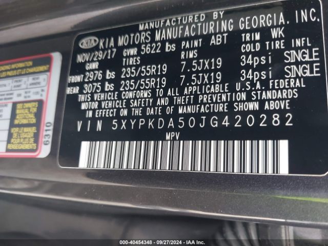5XYPKDA50JG420282 KIA Sorento 3.3l Sxl
