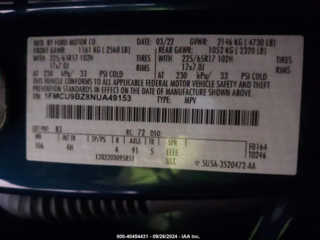 1FMCU9BZ8NUA49153 Ford Escape Se Hybrid