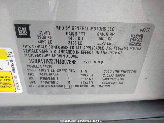 Chevrolet Traverse 2lt 2017 1GNKVHKD7HJ307848 Image 9