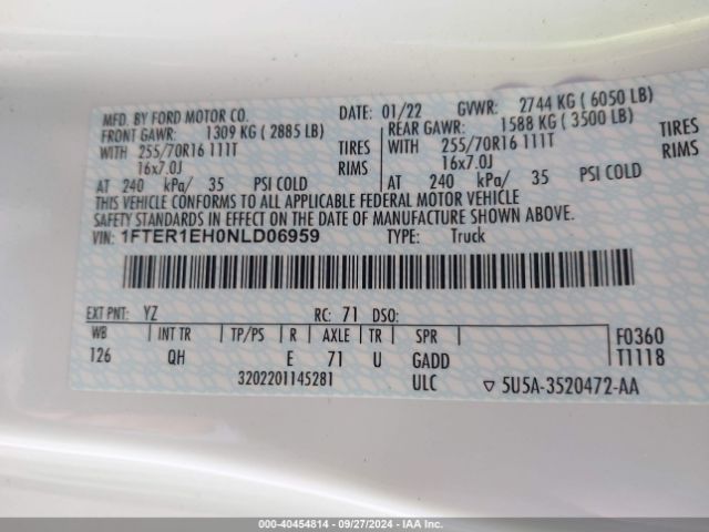 1FTER1EH0NLD06959 Ford RANGER XL