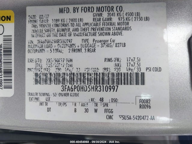Ford FUSION SE 2017 3FA6P0HD5HR310997 Image 9
