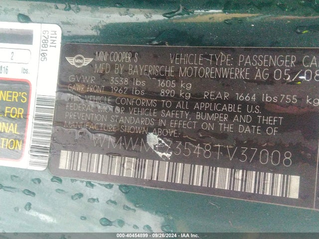 2008 MINI COOPER S WMWMF73548TV37008 Photo 8