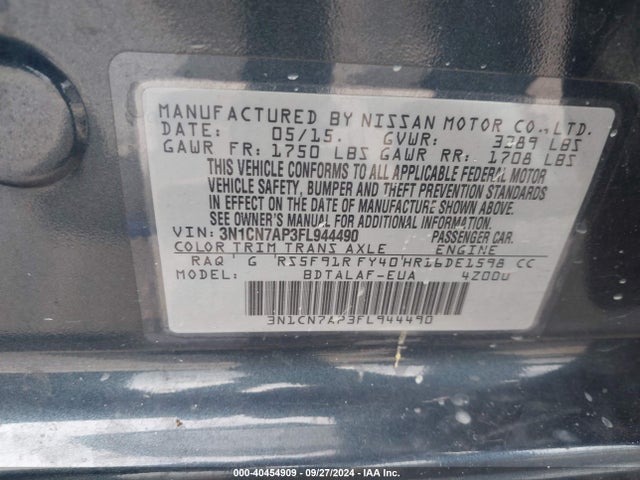 Nissan Versa 1.6 S 2015 3N1CN7AP3FL944490 Image 9
